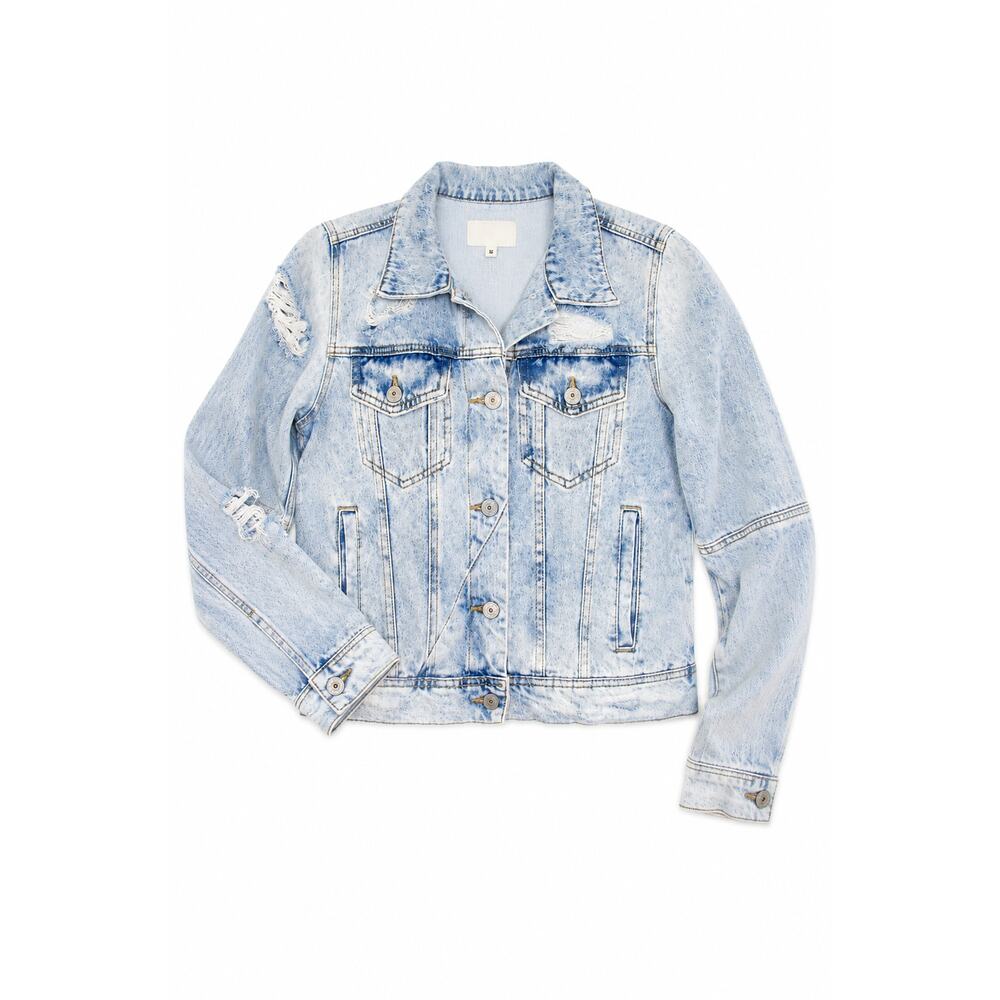 Free People Womens S Acid Wash Distressed Cropped Denim Trucker Jacket